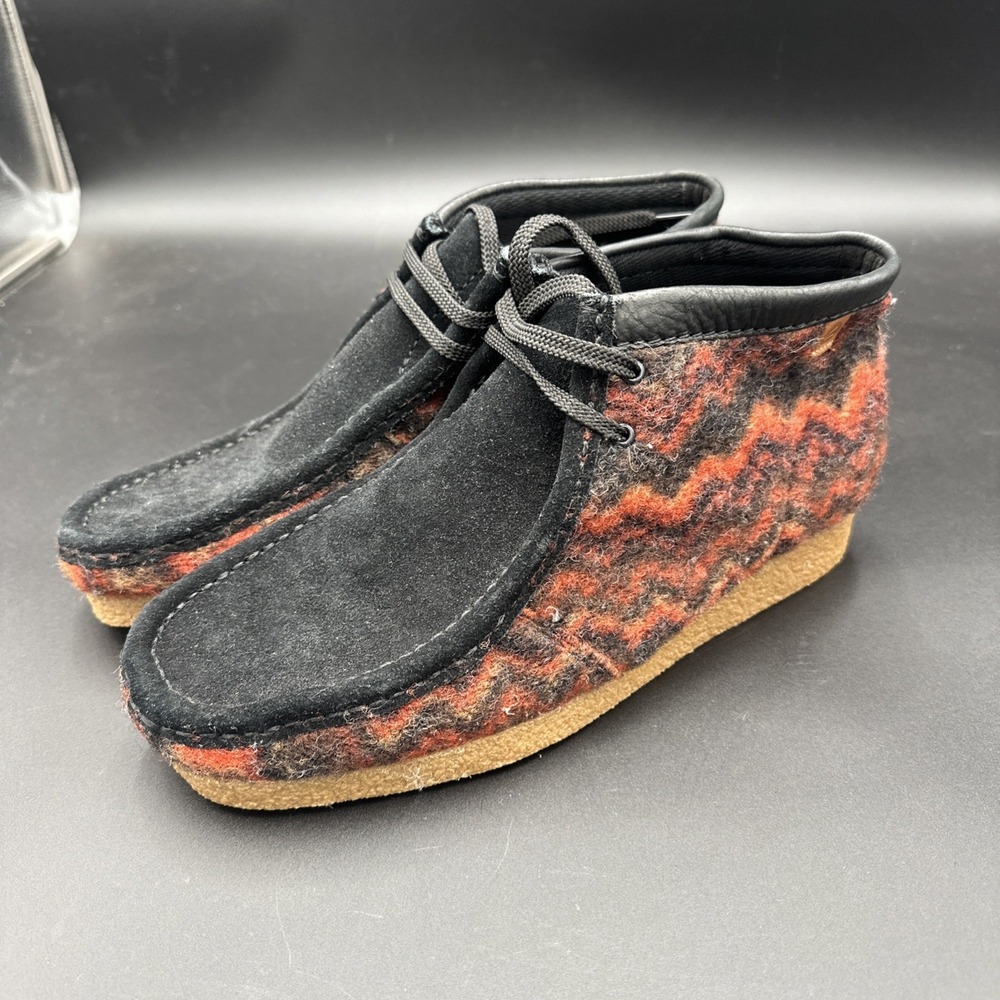Clarks Wallabee Shacre NATIVE Black Orange Combi Wool Mens Ankle Boot‎ Size 9